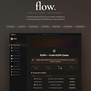 Puede incluir: Interfaz de planificador digital con la palabra "flow." en la parte superior. La interfaz es oscura con un menú a la izquierda y una sección central que muestra información. El texto incluye "ADHD Life Planner - Notion Template."