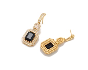 Black Onyx Emerald Cut Dangle Earrings, Gold Plated Sterling Silver Halo Statement Jewelry