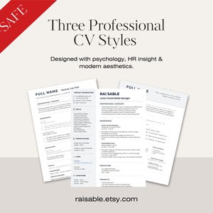 Op de afbeelding: Drie professionele cv-stijlen worden getoond tegen een lichte achtergrond. De tekst luidt "Three Professional CV Styles" en "Designed with psychology, HR insight & modern aesthetics." De cv's zijn wit met zwarte tekst. De Etsy-shopnaam "raisable.etsy.com" staat onderaan.