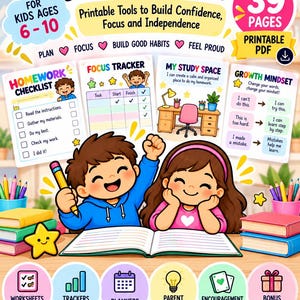 May include: A Homework Rescue Kit printable PDF with 39 pages for kids ages 6-10. It includes a homework checklist, focus tracker, study space guide, and growth mindset chart. Features illustrations of two children studying with books and pencils.