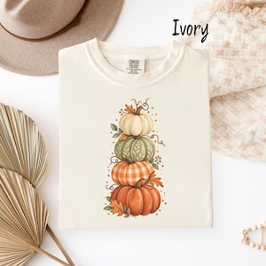 Comfort Colors Pumpkin Shirt, Stacked Pumpkin Fall Tee, Watercolor Autumn Graphic Shirt, Cute Boho Pumpkin Patch Thanksgiving Gift for Women