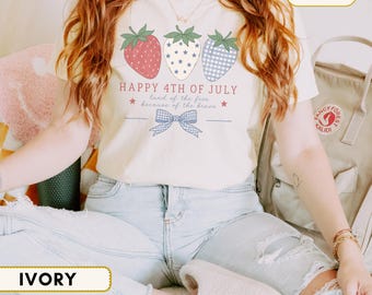 Comfort Colors® Happy 4th of July Shirt, Land of the Free Because of the Brave Tee,Patriotic Strawberry Bow Shirt,Cute USA Independence Day