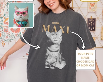 Comfort Colors Custom Pet Photo And Name Shirt, Personalized Cat Portrait Tee, Cat Mom Gift, Custom Cat Picture Shirt, Fur Mama