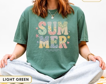 Comfort Colors  Patchwork Summer Shirt, Faux Applique Floral Gingham Tee, Cottagecore Summer Graphic Shirt, Retro Quilt Style Gift for Women