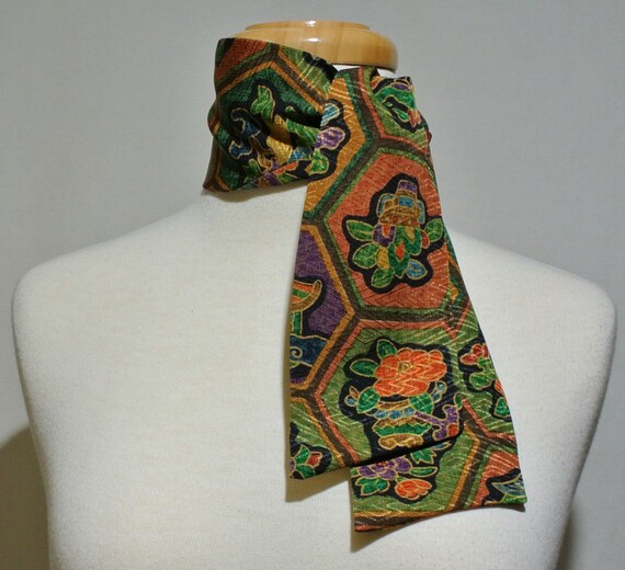 Vintage kimono silk scarf, brightly coloured hexagonal design, necktie,  skinny scarf, mini scarf, kerchief, choker