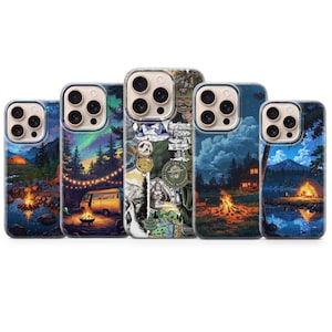 May include: Five phone cases with camping-themed designs. The cases feature illustrations of campfires, cabins, and nature scenes. The colour palette includes blues, oranges, and greens, creating a vibrant and outdoorsy aesthetic.
