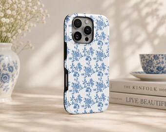 Coque de téléphone à motif floral bleu résistant pour iPhone 17 Pro Max, 16e, 15, 14, 13 et Samsung S26 Ultra, S25 FE, A57, A56, Pixel 10, 9A