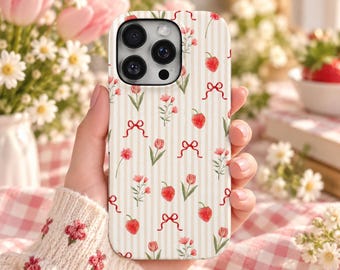Floral Phone Case Strawberry TOUGH Cover for iPhone 18 Pro Max, 17, 16, 15, Samsung S26 Ultra, S25 FE, A57, A56, Pixel 11, 10