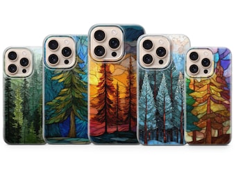 Funda de teléfono con vidrieras y diseño de pinos para iPhone 17 Pro Max, 17e, 15, 14, 13 y Samsung S26 Ultra, S25 FE, A57, A56, Pixel 10, 9A