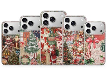 Coque de téléphone de Noël style collage cottagecore pour iPhone 17 Pro Max, 17e, 15, 14, 13 et Samsung S26 Ultra, S25 FE, A57, A56, Pixel 10, 9A