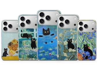Coque de téléphone Van Gogh avec motif chat pour iPhone 17 Pro Max, 17e, 15, 14, 13 et Samsung S26 Ultra, S25 FE, A57, A56, Pixel 10, 9A