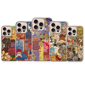 May include: Five phone cases with vibrant, collage-style designs. Each case features a unique mix of patterns, images, and textures, including a cat, butterflies, and floral elements. The cases have a clear border.