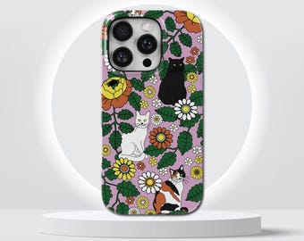 Cat Garden Phone Case Animal Floral TOUGH Cover for iPhone 17 Pro Max, 16e, 15, 14, 13 & Samsung S26 Ultra, S25 FE, A57, A56, Pixel 10, 9A