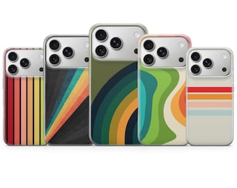Pode incluir: Cinco capas para smartphone dispostas em fila, cada uma com um design distinto. Os padrões incluem riscas verticais, raios diagonais, arcos concêntricos, formas orgânicas onduladas e bandas horizontais em várias paletas de cores.