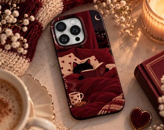 Cat Phone Case Burgundy TOUGH Cover for iPhone 18 Pro Max, 17, 16, 15, Samsung S26 Ultra, S25 FE, A57, A56, Pixel 11, 10