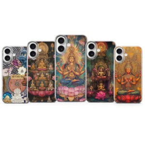 Puede incluir: Cinco fundas para teléfono con ilustraciones detalladas de deidades y figuras espirituales. Las fundas presentan una variedad de colores, incluyendo azules, dorados y rosas, con diseños y patrones intrincados. Cada funda tiene un diseño diferente.