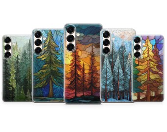 Funda de teléfono con vidrieras y diseño de pinos para iPhone 17 Pro Max, 17e, 15, 14, 13 y Samsung S26 Ultra, S25 FE, A57, A56, Pixel 10, 9A