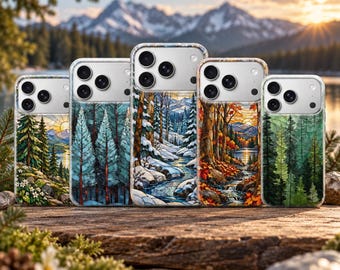 Funda para teléfono con diseño de vidrieras y pinos para iPhone 18 Pro Max, 17, 16, 15, Samsung S26 Ultra, S25 FE, A57, A56, Pixel 11, 10