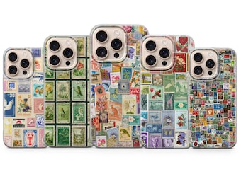 Funda vintage con sellos postales para iPhone 17 Pro Max, 17e, 15, 14, 13 y Samsung S26 Ultra, S25 FE, A57, A56, Pixel 10, 9A