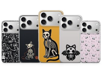 Coque de téléphone squelette chat pour iPhone 17 Pro Max, 17e, 15, 14, 13 et Samsung S26 Ultra, S25 FE, A57, A56, Pixel 10, 9A