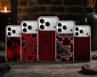 May include: Five smartphone cases arranged in a row, each featuring a distinct red and black pattern. The designs include large stars, small stars, a leopard print, a dark floral motif, and a swirling abstract pattern, all with camera cutouts.