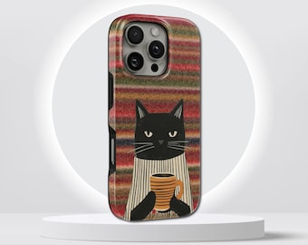 Retro Black Cat Phone Case Cozy TOUGH Cover for iPhone 17 Pro Max, 16e, 15, 14, 13 & Samsung S26 Ultra, S25 FE, A57, A56, Pixel 10, 9A