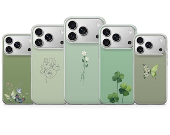 Funda minimalista de arte floral verde salvia para iPhone 17 Pro Max, 17e, 15, 14, 13 y Samsung S26 Ultra, S25 FE, A57, A56, Pixel 10, 9A