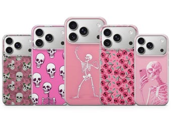 Funda de teléfono con diseño de calavera rosa para iPhone 17 Pro Max, 17e, 15, 14, 13 y Samsung S26 Ultra, S25 FE, A57, A56, Pixel 10, 9A