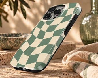 Checkered Phone Case Sage Green Warped TOUGH Cover for iPhone 18 Pro Max, 17, 16, 15, Samsung S26 Ultra, S25 FE, A57, A56, Pixel 11, 10