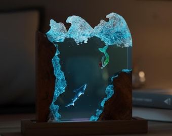 Personalized Shark Resin Lamp, Mermaid Ocean Epoxy Night Light, Shark Gift for Him Her, Unique Marine Decor