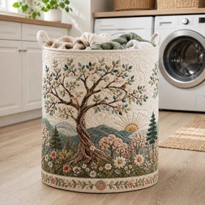 May include: A cylindrical laundry hamper featuring a quilted cream-colored exterior with an embroidered landscape scene. The design depicts a large central tree, rolling hills, a rising sun, pine trees, and various flowers in shades of pink and green.