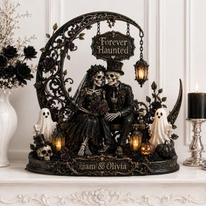 Personalized Gothic Wedding Wooden Block, Skeleton Bride and Groom Decor, Forever Haunted Couple Sign, Dark Halloween Anniversary Gift