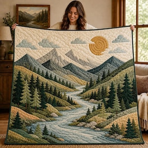 Könnte beinhalten: Eine gesteppte Decke mit einer Landschaftsdarstellung, die einen gewundenen Fluss durch ein Tal mit immergrünen Bäumen und Bergen zeigt. Das Design umfasst eine große gelbe Sonne und hellblaue Wolken auf cremefarbenem Grund mit sichtbaren Nähten.