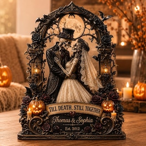 Bloque de madera gótico personalizado para bodas, decoración de novios esqueleto, letrero de pareja de romance oscuro, regalo de aniversario de Halloween "Hasta que la muerte nos separe"