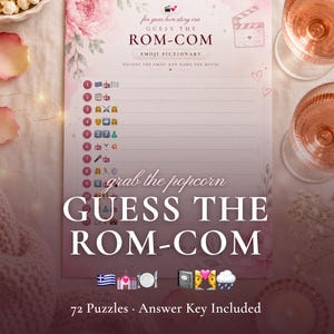 Puede incluir: Una hoja de juego rectangular titulada Guess the Rom-Com Emoji Pictionary con un borde floral rosa. El papel presenta una lista numerada de secuencias de emojis para títulos de películas, el texto grab the popcorn y una clave de respuestas.