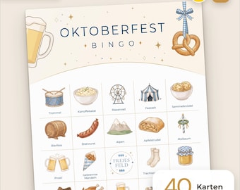 Oktoberfest Bingo zum Ausdrucken · 40 Karten · Wiesn Partyspiel für Gruppen · A4 PDF