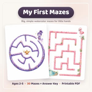Peut inclure: My First Mazes PDF imprimable avec 30 labyrinthes et corrigé pour les 2-5 ans. Deux pages blanches présentent des illustrations à l'aquarelle : un labyrinthe floral violet circulaire avec un génie et une lampe, et un labyrinthe rose avec un flamant rose.