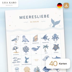 May include: A white bingo game card titled MEERESLIEBE BINGO featuring a blue whale tail illustration at the top. The grid contains various marine-themed icons including a seagull, seal, seashell, flying fish, octopus, umbrella, coral, whale, palm tree, turtle, fish school, mermaid tail, jellyfish, and waves.