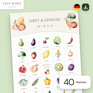 Obst- und Gemüse-Bingo - 40 Aquarell-Karten für Erwachsene and Kinder (Digital Nedladdning)