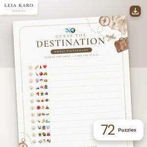 May include: A Guess the Destination Emoji Pictionary game sheet featuring travel-themed illustrations like a compass, map, aeroplane, and suitcase. The page includes twelve numbered lines with emoji sequences to decode, set against a cream background.