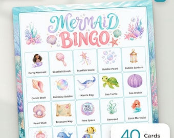 Bingo de sirenas para niñas: 40 tarjetas imprimibles, juego de cumpleaños infantil con temática marina (descarga instantánea).