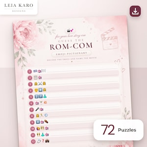 May include: A pink and white printed game sheet titled Guess the Rom-Com Emoji Pictionary. The page features a floral border, a movie clapperboard icon, and a numbered list from 1 to 12 with emoji sequences for players to decode movie titles.