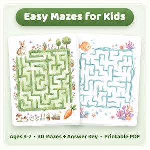 May include: Two printable maze activity sheets for children titled Easy Mazes for Kids. One sheet features a green garden maze with a rabbit, flowers, and tools. The other shows a blue underwater maze with a fish, coral, and sea life. Ages 3-7.
