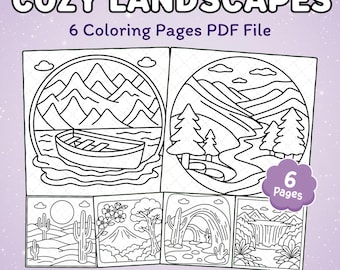 May include: A digital PDF file titled "Cozy Landscapes" with six coloring pages. The pages feature line art illustrations of various landscapes, including mountains, a boat on a lake, and desert scenes. The author's name, Leia Karo, is at the bottom.