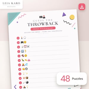 May include: A white game sheet titled Guess The Throwback Emoji Pictionary with numbered lines from 1 to 12. The page features colorful geometric shapes, a cassette tape, a joystick icon, and rows of emojis for players to decode and identify.