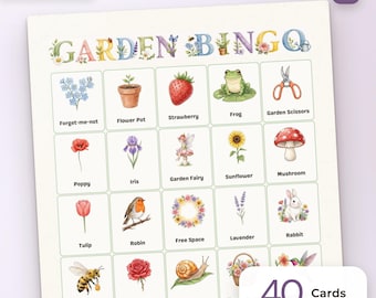 Garden Bingo Game | Printable Game for Kids | 40 Unique Watercolor Cards | Digital Product