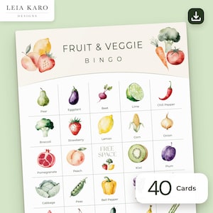 Peut inclure: Une carte de jeu Bingo Fruit & Veggie avec des illustrations à l'aquarelle de divers produits. La grille comprend des images étiquetées de poire, aubergine, betterave, citron vert, piment, brocoli, fraise, citron, maïs, oignon, grenade, pêche, kiwi, prune, chou, pois et poivron, avec un espace libre central.