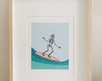 Surfing Skeleton Digital Download | Skelly Surfer Wall Art | Boys Room Decor | Trendy Retro Surf Print | Printable Skeleton Poster
