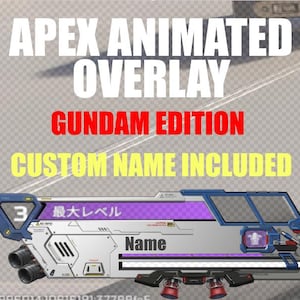 May include: An Apex animated overlay with the text "Apex Animated Overlay Gundam Edition Custom Name Included." The overlay is primarily silver, blue, and purple, with a section for a custom name. The design includes a level indicator and a futuristic aesthetic.