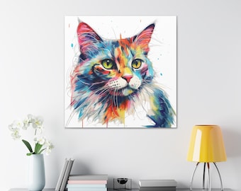 Color Pop Cat Canvas Gallery Wrap, Colorful Cat Artwork, Watercolor Style Canvas, Cat Lover Art, Gift for Cat Mom or Dad, Cat Parent Picture